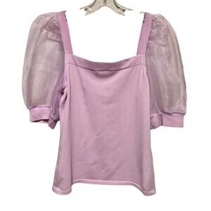 La Cite Lavender Top Sheer Organza Sleeve Square Neck Stretch Sz L